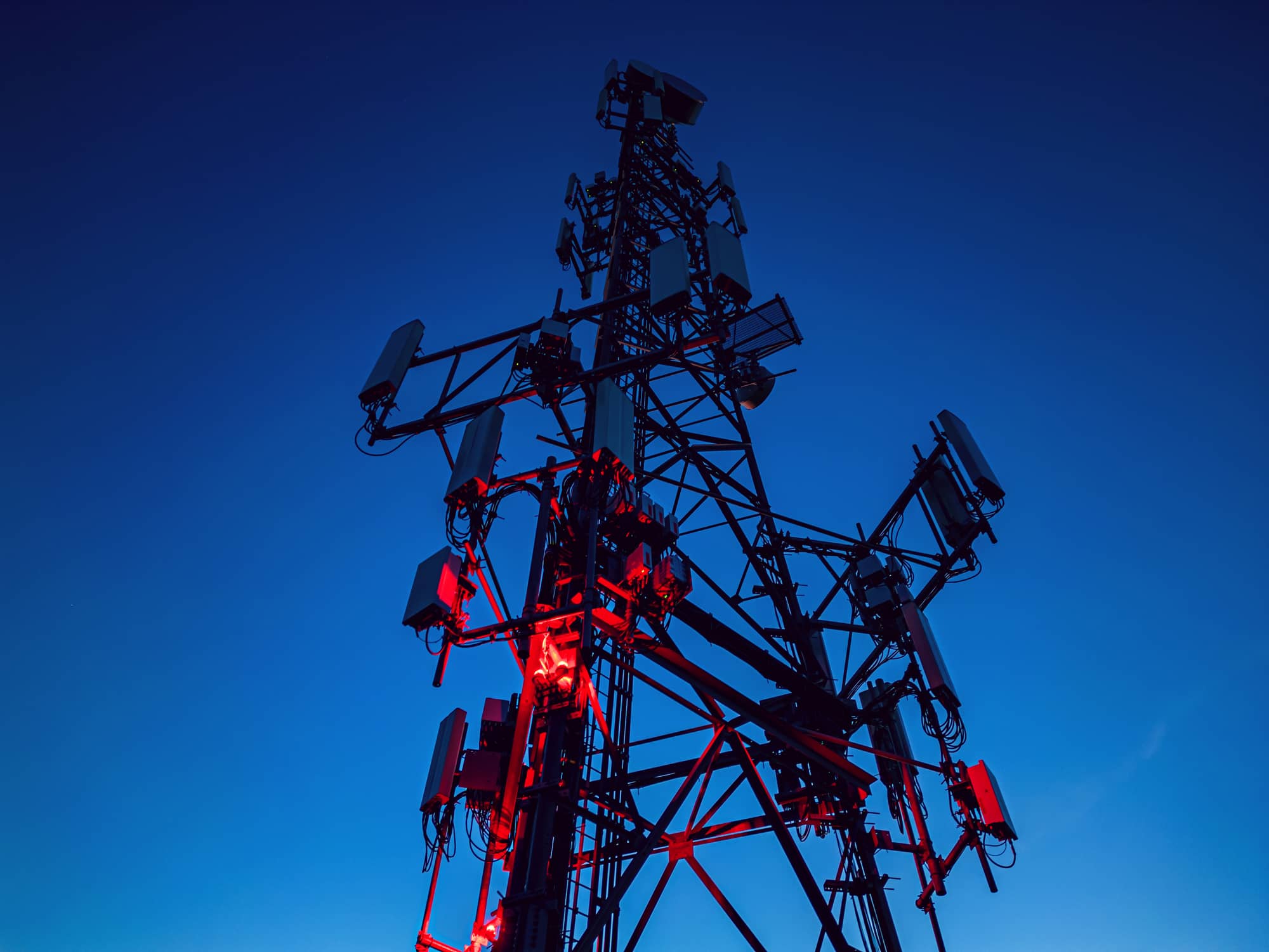 Aerial view of a 4g/5g cellular / radio repeater tower.