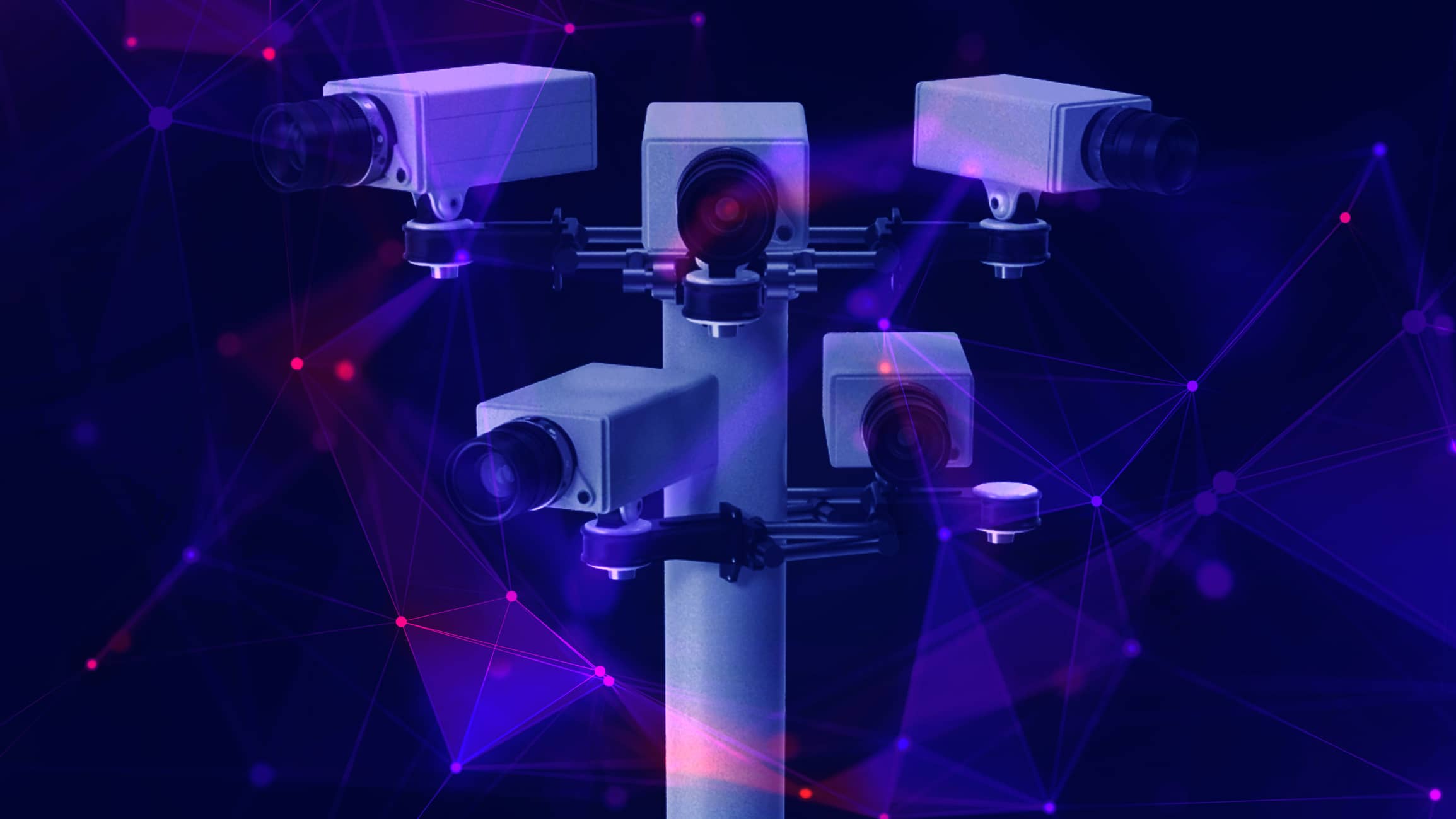 Security camera composited in red and blue coloured futuristic plexus environment